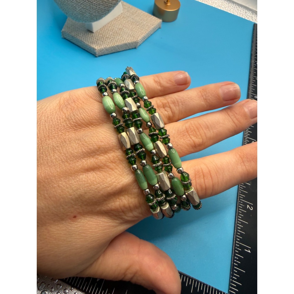 Green Magnetic Wrap Bracelet Silver Tone Beaded Multi Strand Necklace Anklet
